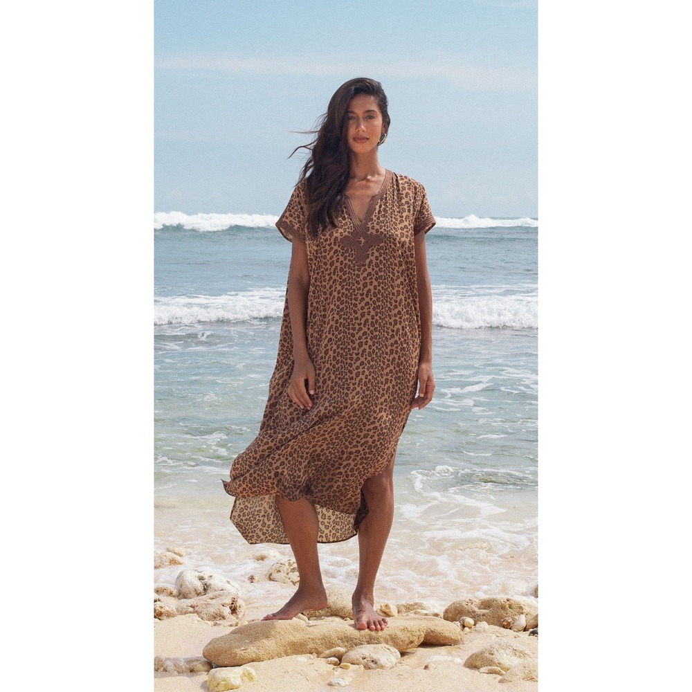 NWT Nieves Lavi Noor Silk Kaftan Dress in Panthera Size 0S Vacation